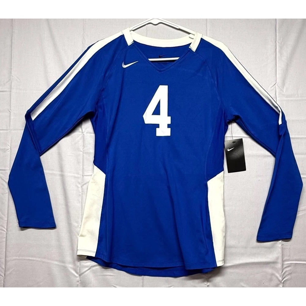 Nike Volleyball Shirt Women Medium Blue White Norco #4 Swoosh Performance V Neck